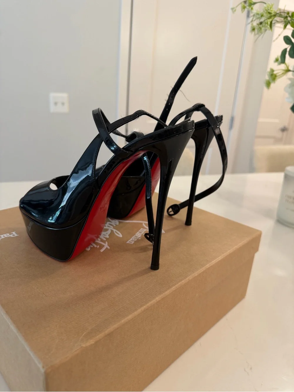 Christian Louboutin Black Patent Platform Slingback Heels with Red Sole